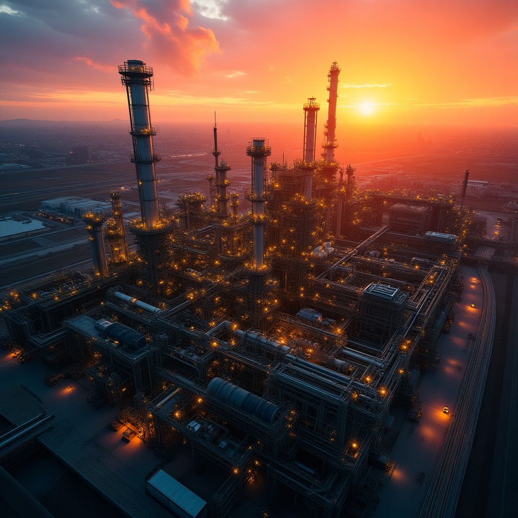 Vista aérea de una refinería de YPF al atardecer